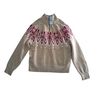 NWT LOFT Sweater Women's Medium Petite Tan Red Pointelle Fair Isle Half-Zip 2024
